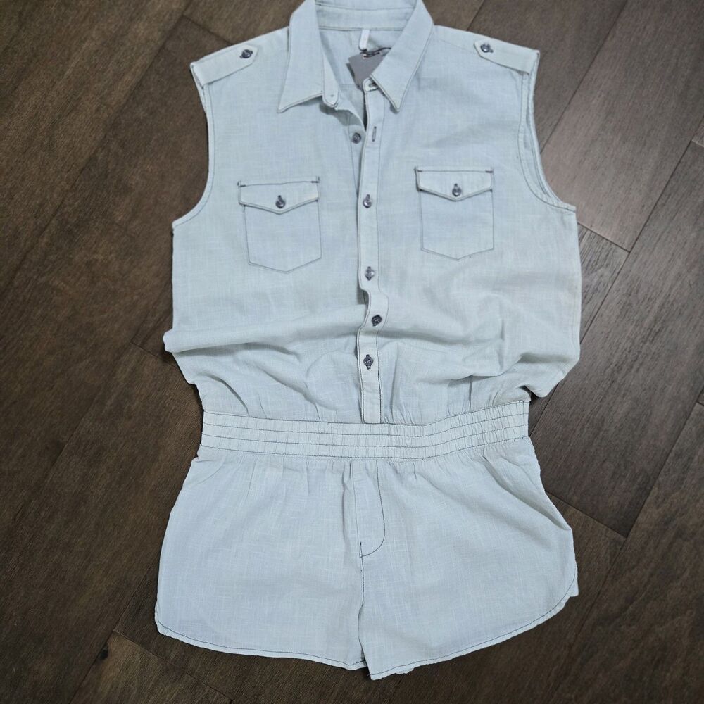 7 For All Mankind Shirtall Short Overall Romper Denim Cotton Size L